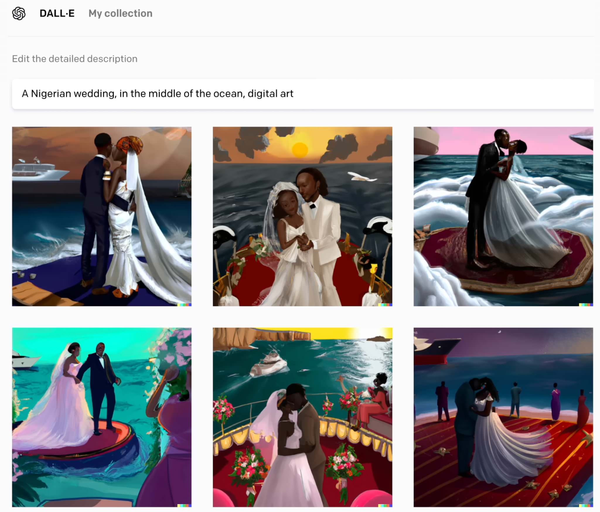 Una boda nigeriana sobre el océano - DALL-E 2