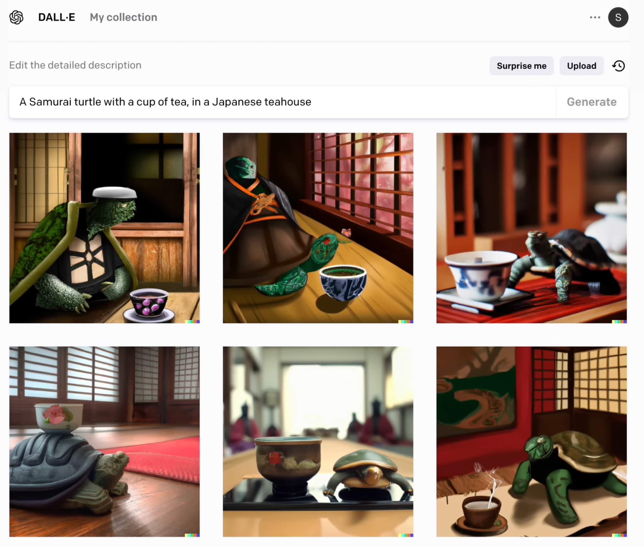 Una tortuga samurai tomando té en una casa de té japonés - DALL-E 2
